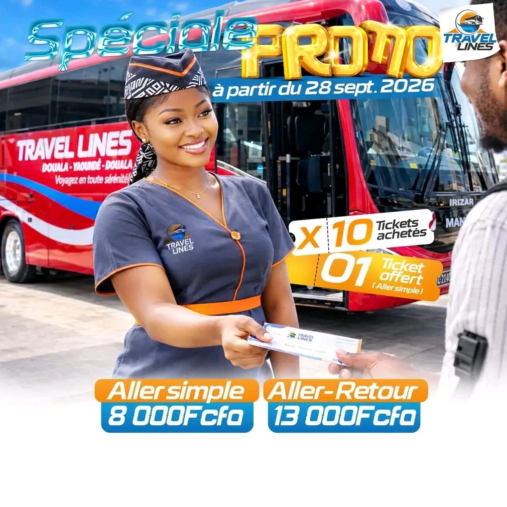 Spéciale promo Travel Lines : 10 tickets achetés, 1 ticket offert aller simple, à partir du 28 septembre 2026. Aller simple 8 000 F CFA, aller-retour 13 000 F CFA.